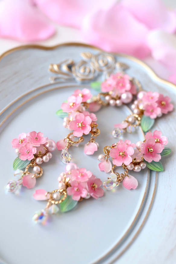 櫻花Shararin*bijou耳環/耳環（右耳）+耳夾（左耳）*反過來也可以！鮮花，禮物，粉紅色 第15張的照片
