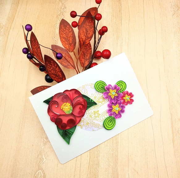冬のお花のクイリングメッセージカード《椿×プリムラ》 1枚目の画像