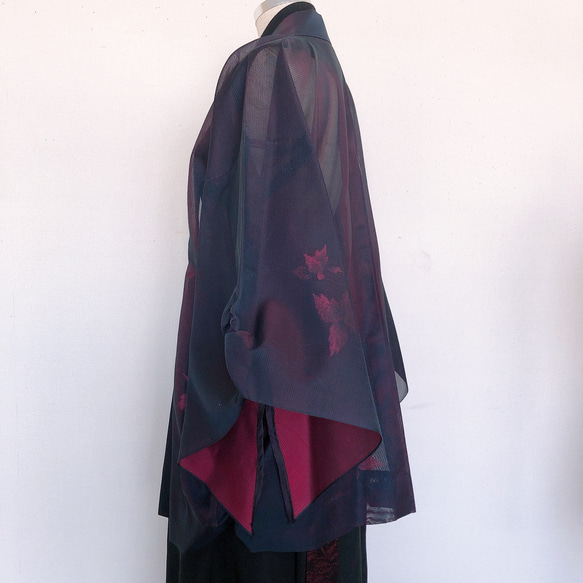 変形袖シースルー羽織 袖裾クシュ はおり カーディガン 和装 紺 赤 和洋折衷 イベント 着物リメイク（715） 13枚目の画像