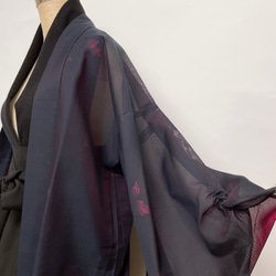 変形袖シースルー羽織 袖裾クシュ はおり カーディガン 和装 紺 赤 和洋折衷 イベント 着物リメイク（715） 4枚目の画像