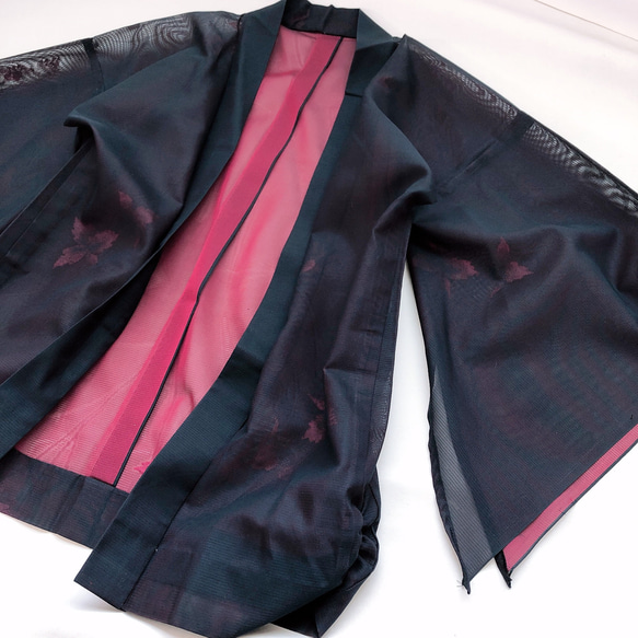 変形袖シースルー羽織 袖裾クシュ はおり カーディガン 和装 紺 赤 和洋折衷 イベント 着物リメイク（715） 14枚目の画像