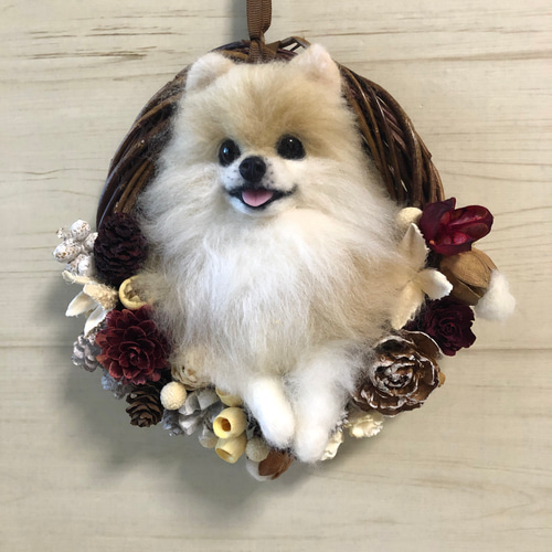 羊毛フェルト ポメラニアンのナチュラルリース 羊毛フェルト needle