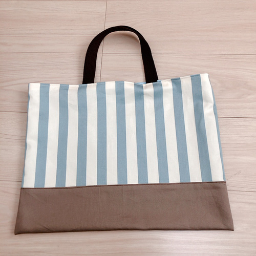 サクラム様 リクエスト 3点 まとめ商品 レッスンバッグ 上履き入れ 巾着 サックスストライプ×ブラウンのレッスンバッグ&シューズバッグ