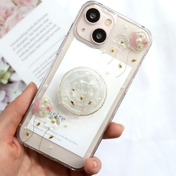 Flower Domeﾟ.*❁スマホグリップ付き 押し花スマホケース  全機種 クリア iPhone14 クリア 2枚目の画像