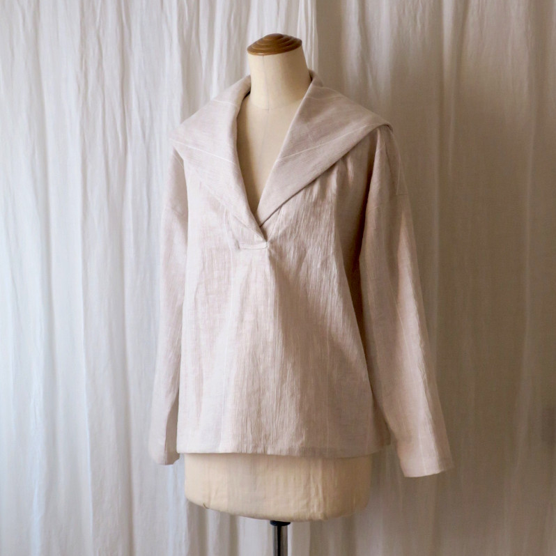 【sale】リネンのセーラーカラープルオーバー（ベージュ　ストライプ）
