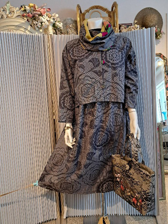 大島紬ワンピースとジャケット 着物リメイク大島紬ボレロ