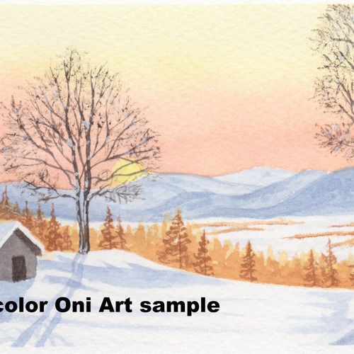 2024年のクリスマス 雪景色・穏やかな朝」透明水彩画 原画 風景画 額縁付 ハガキ 絵画