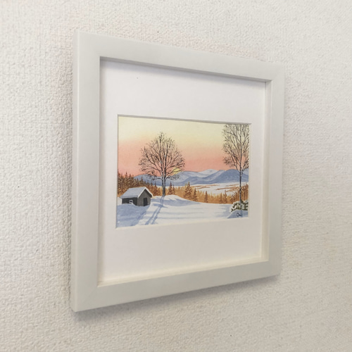 雪景色・穏やかな朝」透明水彩画 原画 風景画 額縁付 ハガキ