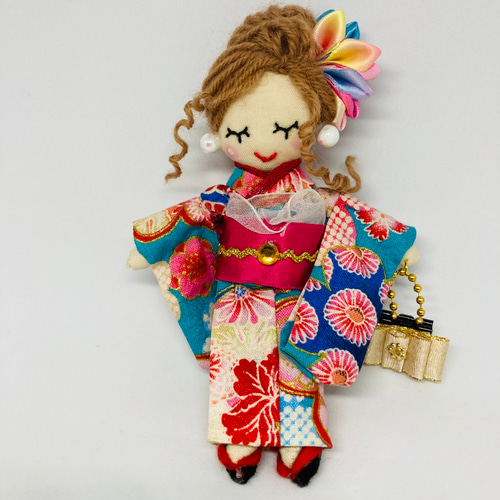 ハンドメイド ドールチャーム バッグチャーム【お花柄着物ドール