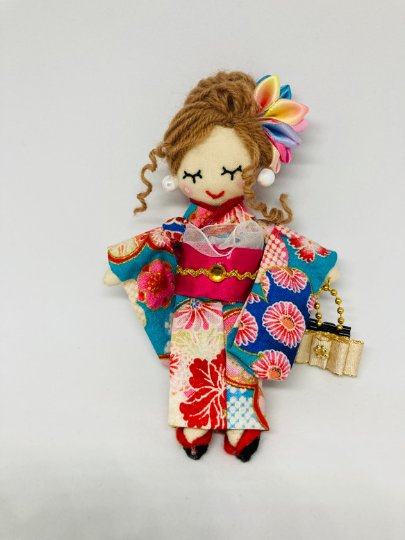 ハンドメイド ドールチャーム 着物 ☆リボンバッグ ⭐️虹色髪