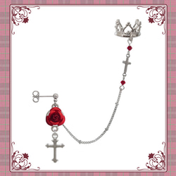 薔薇 バラ ローズ 王冠 クラウン 十字架 クロス 赤 レッド 銀 シルバー ピアス イヤリング イヤーカフ 2枚目の画像