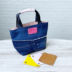 バケツ型 2WAY ポケット ミニトートバッグ ＊デニムリメイク×シンプル
