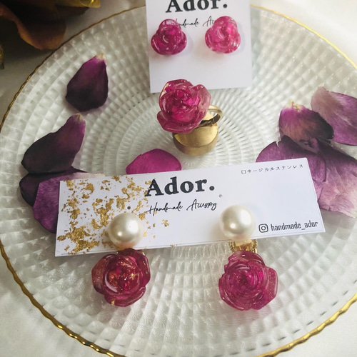 レジンヘアゴム ヘアクリップ大ぶりピンクバラ可愛い