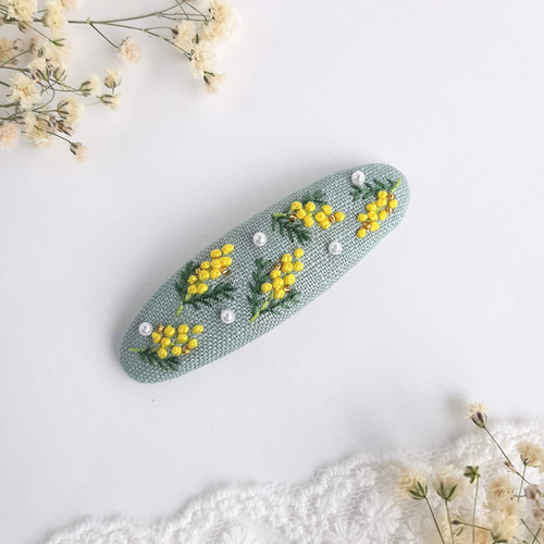 ポニーフック「猫とミモザ」手刺繍