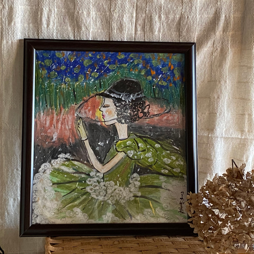 デパート 送料無料 絵画 。壁掛け絵【夜光の蛍の火とピンクの花の海、緑のドレスを 絵画+タペストリー