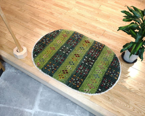 【フラワー】ペルシャ　ギャッベ 玄関マット　85×60 緑　生命の木　花 フラワー】ペルシャ ギャッベ 玄関マット 85×60 緑 生命の木 花