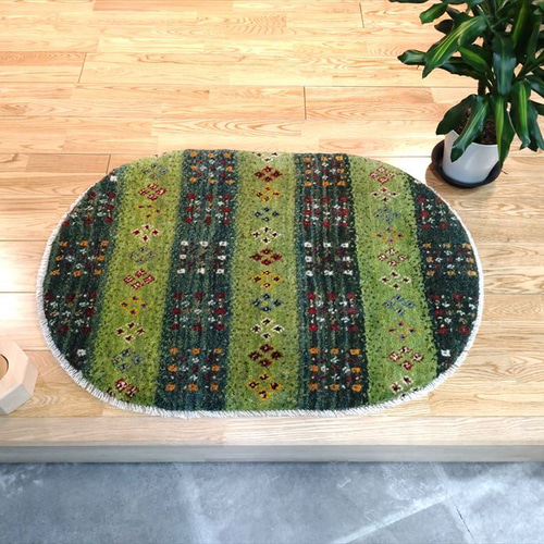 独特な店 ペルシャ 花 黄緑 緑色 90Φ65 玄関マット 楕円形 ギャッベ ラグ・カーペット
