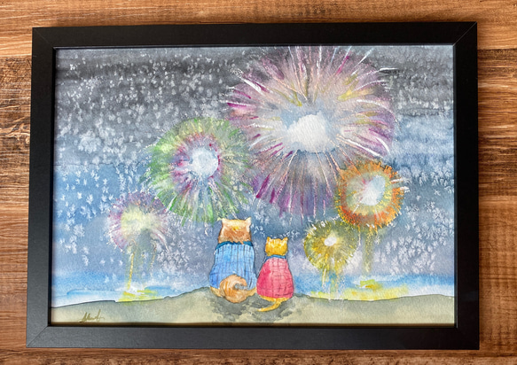 雪と花火と犬と猫〜A4透明水彩原画〜 2枚目の画像
