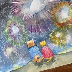 雪と花火と犬と猫〜A4透明水彩原画〜 3枚目の画像