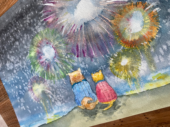 雪と花火と犬と猫〜A4透明水彩原画〜 3枚目の画像