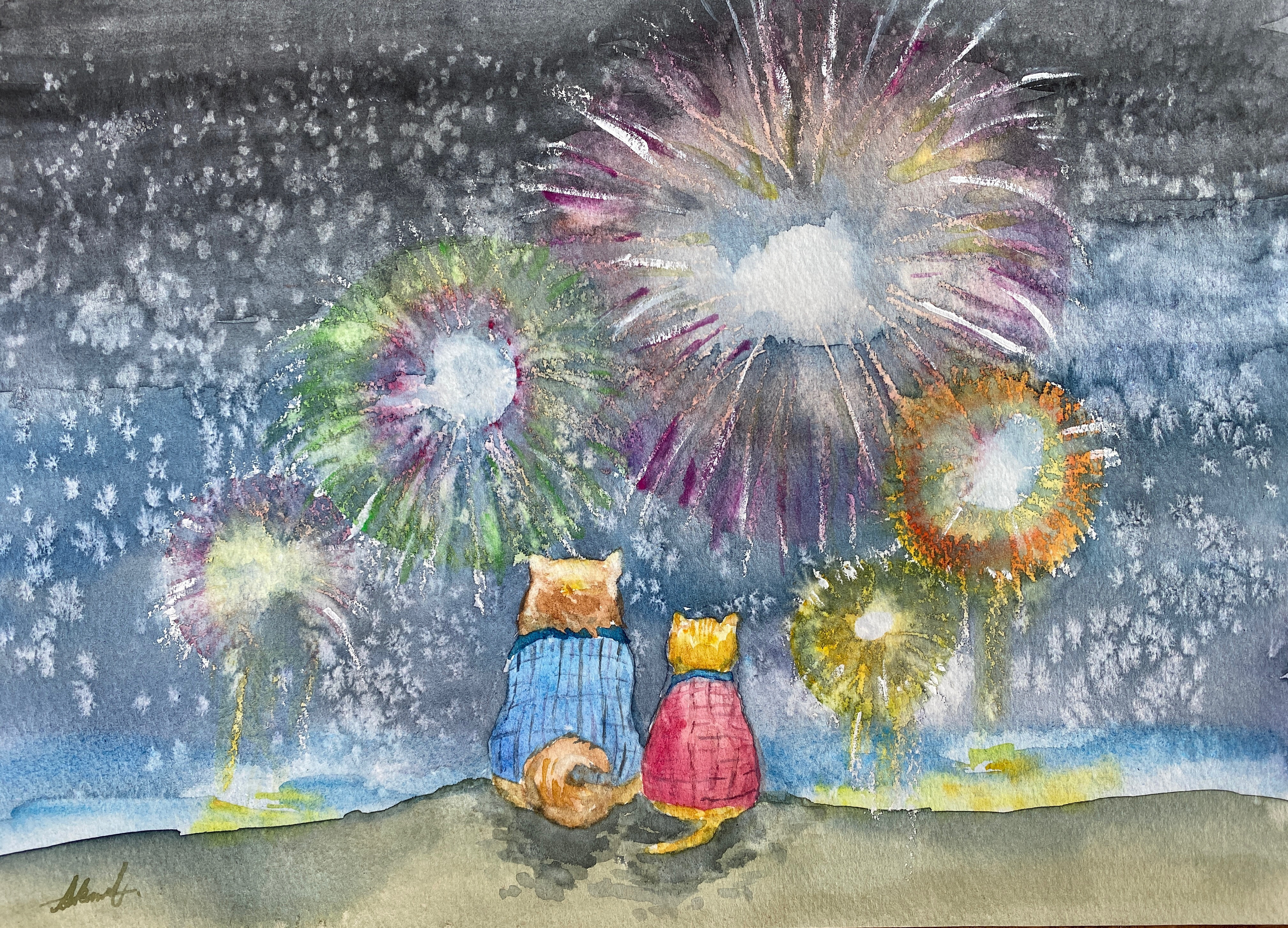 絵画。原画手描き【雪が降る冬、かわいい犬と猫の楽しい写真記念】