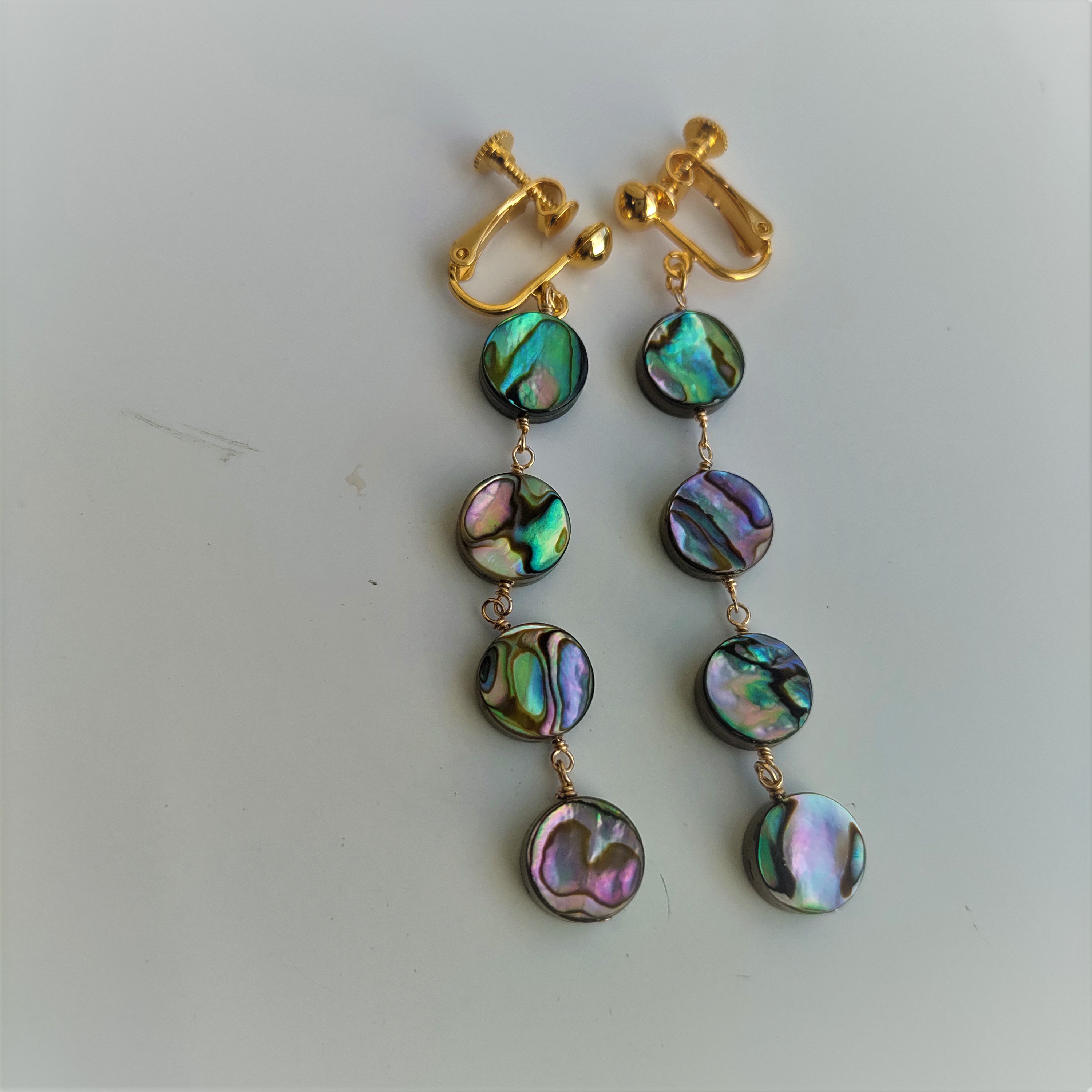 K18メッキイヤリング　 天然アバローニ・アバロン　４連　一点もの