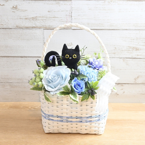 花と猫【ブルー】プリザーブドフラワー 花 猫 ペット 母の日 お供え