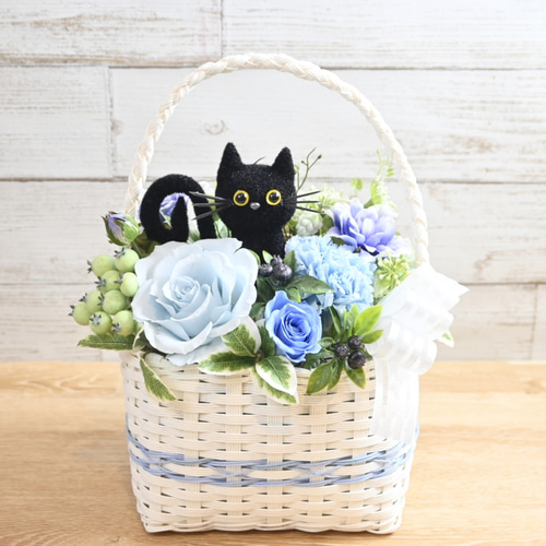 花と猫【ブルー】プリザーブドフラワー 花 猫 ペット 母の日 お供え
