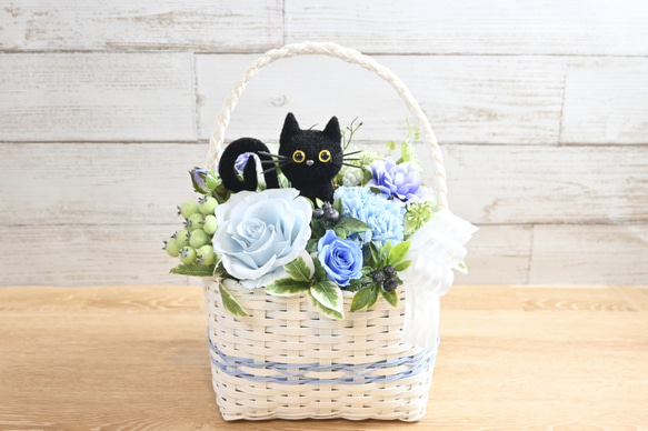 花と猫【ブルー】プリザーブドフラワー 花 猫 ペット 母の日 お供え