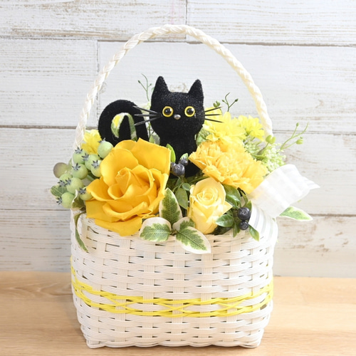 花と猫【イエロー】 プリザーブドフラワー バスケット 花 猫 ペット 母