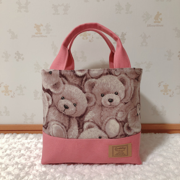 familiarピンク クマと犬の刺繍 トートバッグ 1439．可愛い テディベアだらけ柄 ランチバッグ くすみピンク お