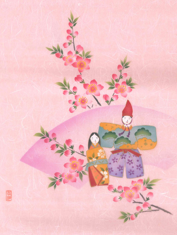 お雛様飾りに　可愛い桃とお雛様　手染め京友禅和紙タペストリー 2枚目の画像