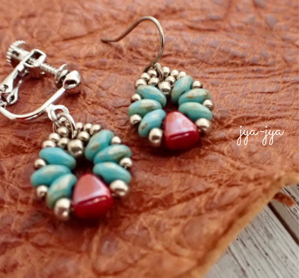 Nib-Bit beads earrings - turquoise 艶赤 6枚目の画像