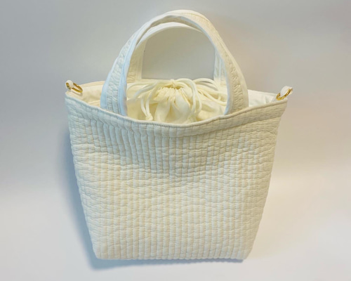 イブル ハンドメイド トートバッグ ショルダーバッグ 巾着 ホワイト ヌ