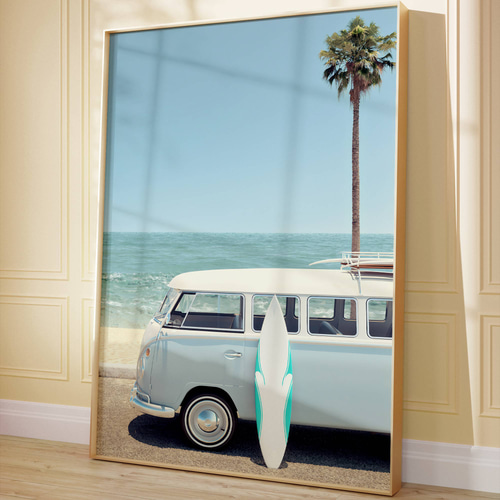 アートポスター ビーチ サーフィン ヴィンテージ ワーゲンバス 西海岸