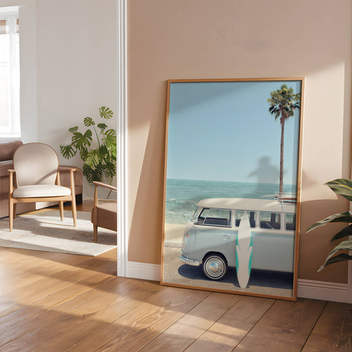 アートポスター ビーチ サーフィン ヴィンテージ ワーゲンバス 西海岸