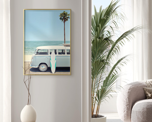 アートポスター ビーチ サーフィン ヴィンテージ ワーゲンバス 西海岸