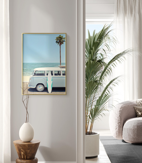 アートポスター ビーチ サーフィン ヴィンテージ ワーゲンバス 西海岸