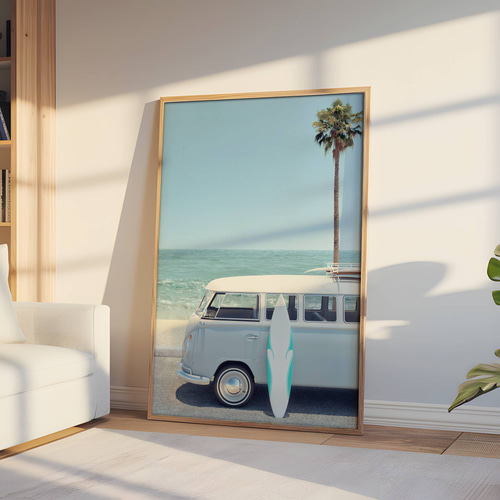 アートポスター ビーチ サーフィン ヴィンテージ ワーゲンバス 西海岸