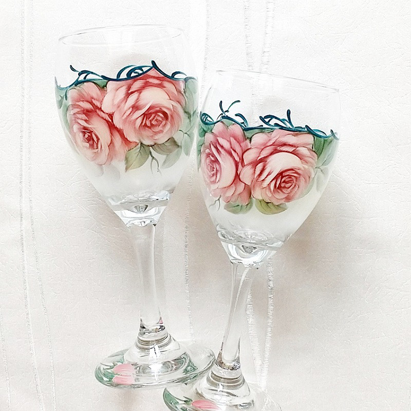 ピンクのバラのワイングラス / ペア
