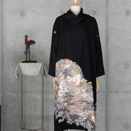 着物リメイク 黒留ロングワンピース/L/Aライン 手描き友禅 ストール