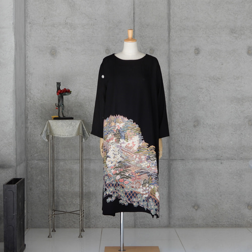 着物リメイク 黒留ロングワンピース/L/Aライン 手描き友禅 ストール