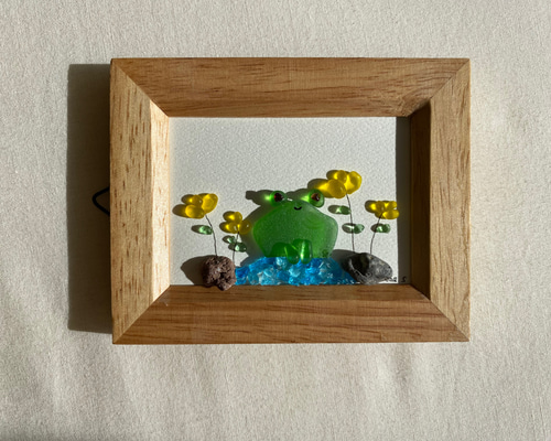 ♡シーグラスアート 親子白わんことカエルさんの楽しい雨の日 紫陽花 高品質天然石 WOL.S シーグラスアート カエル その他インテリア雑貨 WOL.S