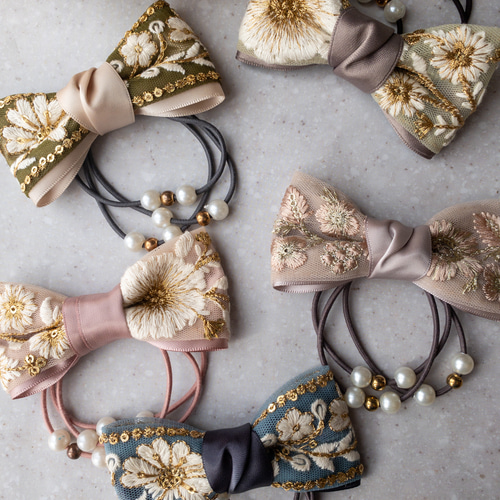 大人可愛いリボンヘアゴム☆インド刺繍リボン×ペタシャム×レースA198