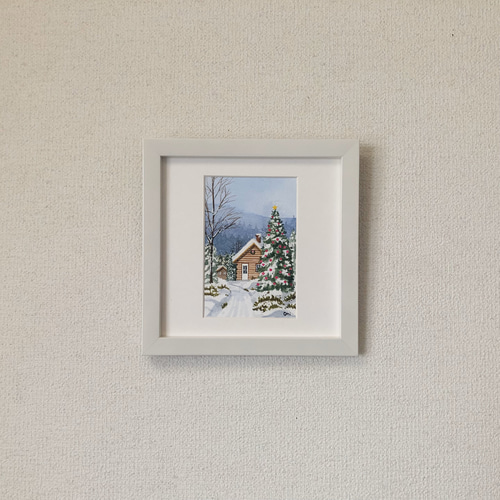 ホワイトクリスマス04」透明水彩画 原画 風景画 額縁付 ハガキ ホワイトクリスマス04」透明水彩画 原画 風景画 額縁付 ハガキ