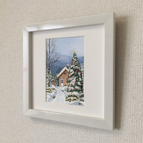 ホワイトクリスマス04」透明水彩画 原画 風景画 額縁付 ハガキ ホワイトクリスマス04」透明水彩画 原画 風景画 額縁付 ハガキ