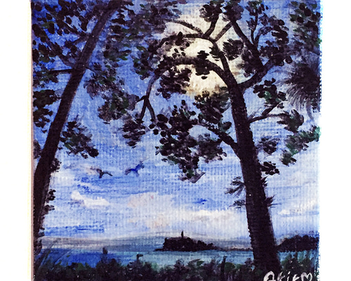 ミニミニ アート 水彩画 アクリルガッシュ 原画 「 江の島 と ミニミニ アート 水彩画 アクリルガッシュ 原画 「 江の島 と