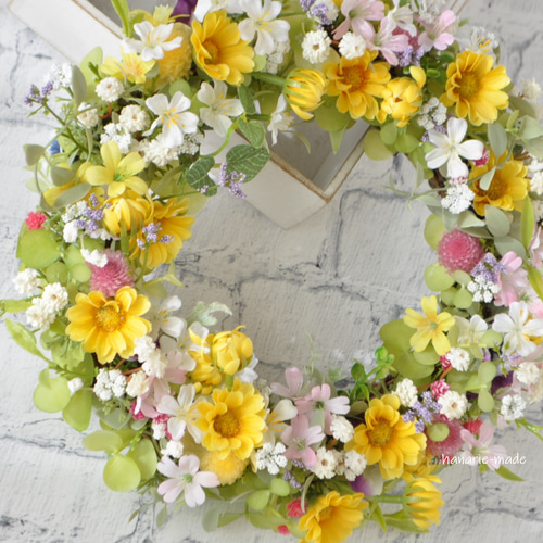 パンジーと小花がいっぱい春リース　スプリングリース　ナチュラル リース ＜ Floral Happiness パンジーと小花がいっぱい春リース