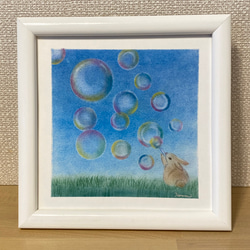 想いをのせて】シャボン玉とうさぎ パステル画 原画 絵画 nananiji