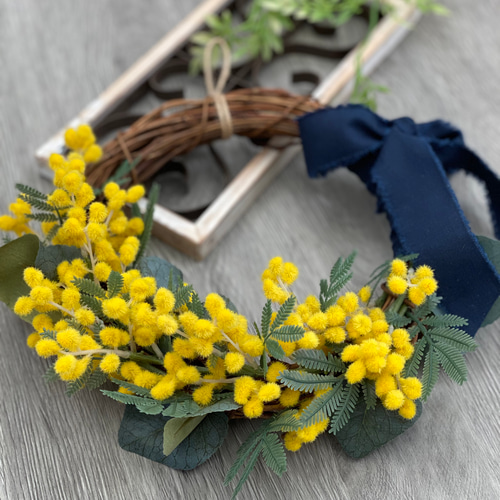 Sale】ミモザとユーカリのハーフリース＊＊アーティフィシャルフラワー  